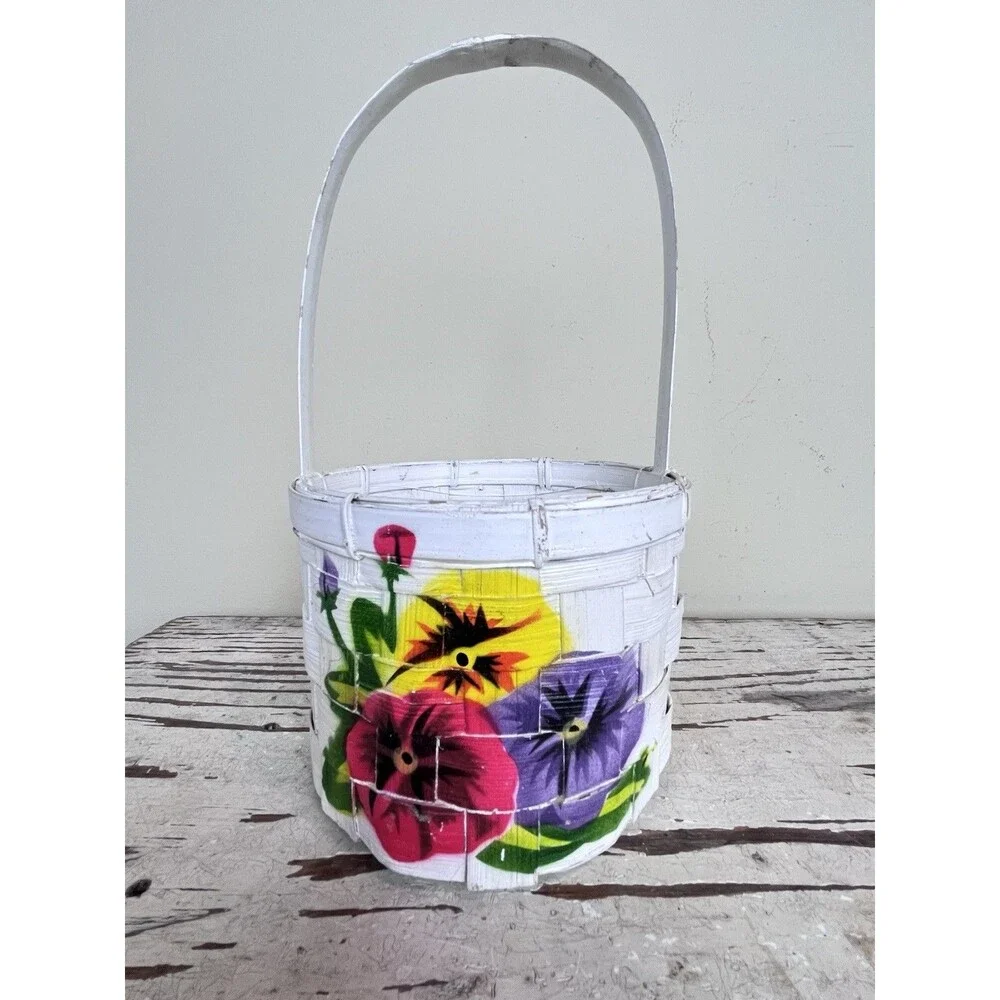 Vintage Hand Painted Flowers Floral Design On White Handled Wicker Basket 10” HK